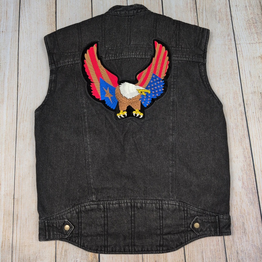 Revolution Gear Denim Vest Sleeveless Motorcycle Biker Eagle Patch‎ Black L
